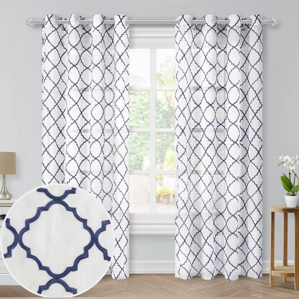 NEW Navy Blue Semi-Sheer Curtains With Beautiful Embroidery Pattern 84x52